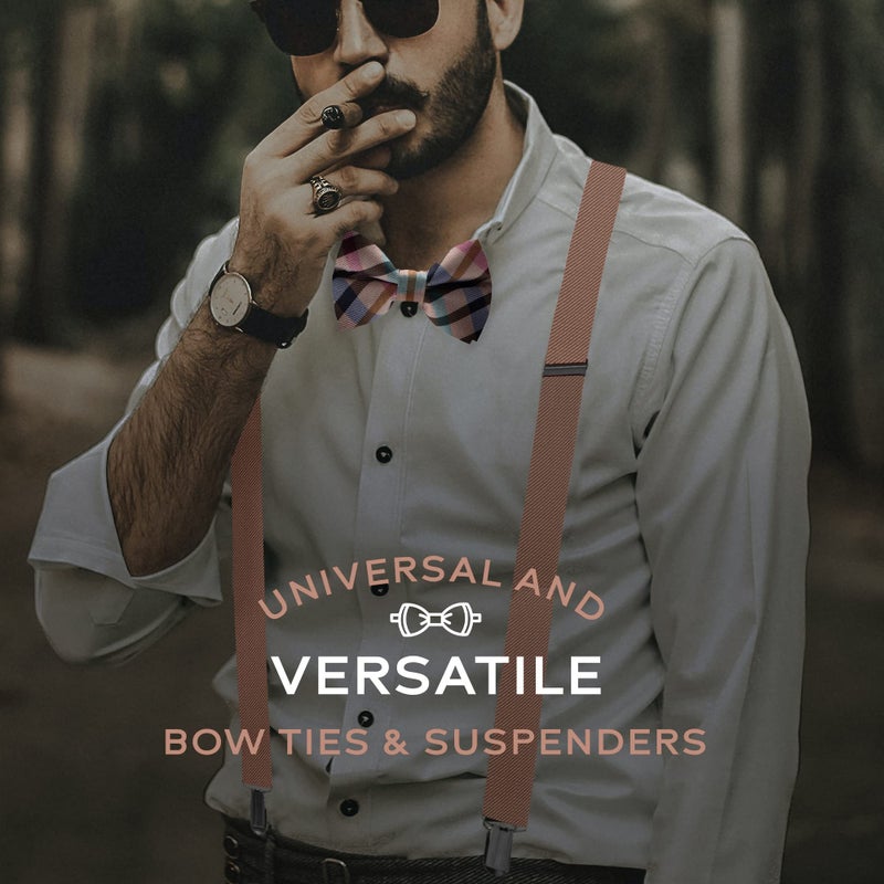 Man of Men Bowtie & Suspender Set - Beige Checkered Bowtie & Beige Suspenders - Boys Suspenders and Bow Tie Set - Image 3